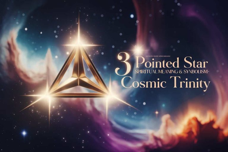 A radiant 3 pointed star floating in a cosmic scene with the article title "3 Pointed Star Spiritual Meaning & Synbolism: Cosmic Trinity" prominently displayed, symbolizing divine connection and spiritual enlightenment.