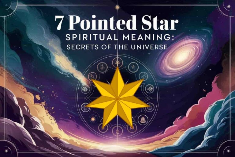 A luminous golden 7 pointed star radiates against a cosmic backdrop, surrounded by spiritual symbols, with the title "7 Pointed Star Spiritual Meaning: Secrets of the Universe" prominently displayed.