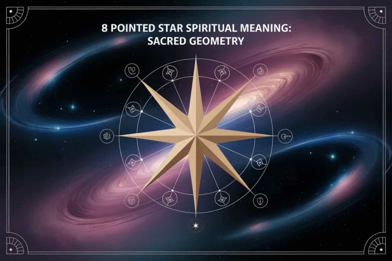 A luminous golden 8-pointed star shines against a cosmic backdrop, surrounded by cultural symbols, with the title "8 Pointed Star Spiritual Meaning: Sacred Geometry" prominently displayed, representing the universal spiritual significance of this ancient symbol.