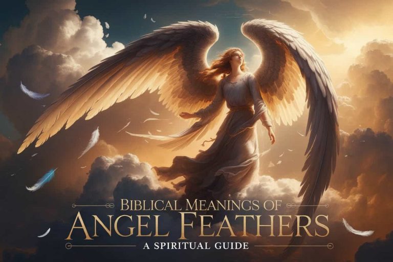 Majestic angel with luminous wings surrounded by floating feathers of various colors, illustrating the concept of angel feathers in biblical symbolism.