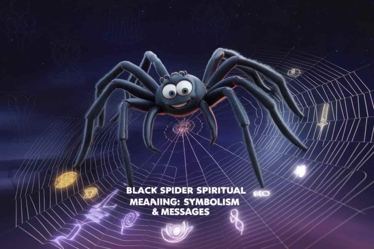 A mystical black spider on a glowing web against a starry sky, with spiritual symbols and the title "Black Spider Spiritual Meaning: Symbolism & Messages" overlaid.