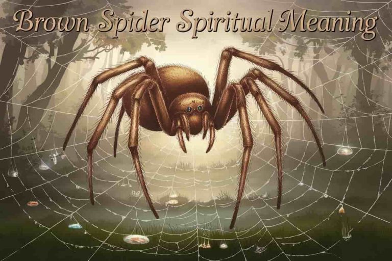 A newspaper editorial cartoon style illustration of a large, detailed brown spider in the foreground, weaving an intricate web that spans across the entire image. The background shows a misty forest at dawn, with soft, golden light filtering through the trees, revealing spiritual symbols. The web has dewdrops that reflect tiny scenes of nature and spiritual symbols. The text overlay "Brown Spider Spiritual Meaning" is subtly woven into the image.