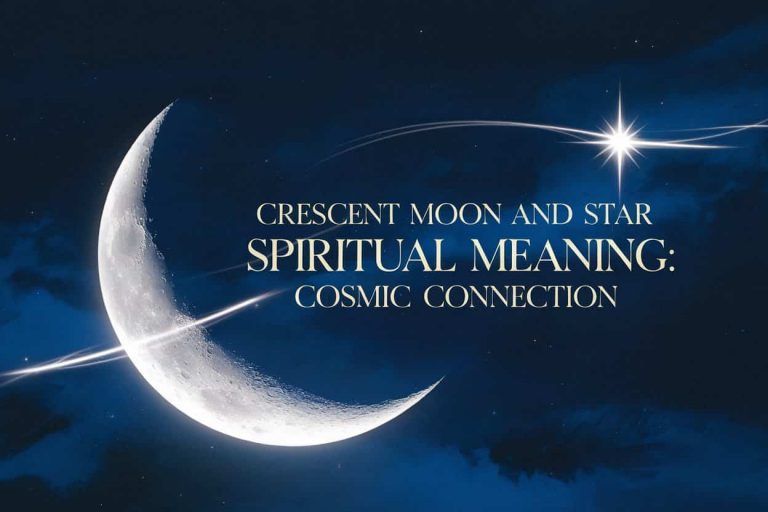 A glowing crescent moon and bright star in a dark blue night sky, with the title "Crescent Moon and Star Spiritual Meaning: Cosmic Connection" displayed prominently, symbolizing celestial spiritual connections.