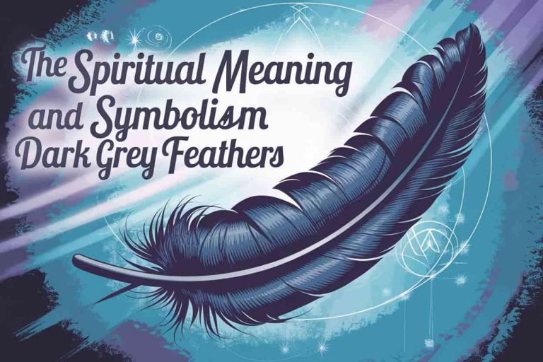 A detailed dark grey feather floating in a mystical background with spiritual symbols, illuminated by soft light, showcasing its spiritual significance.