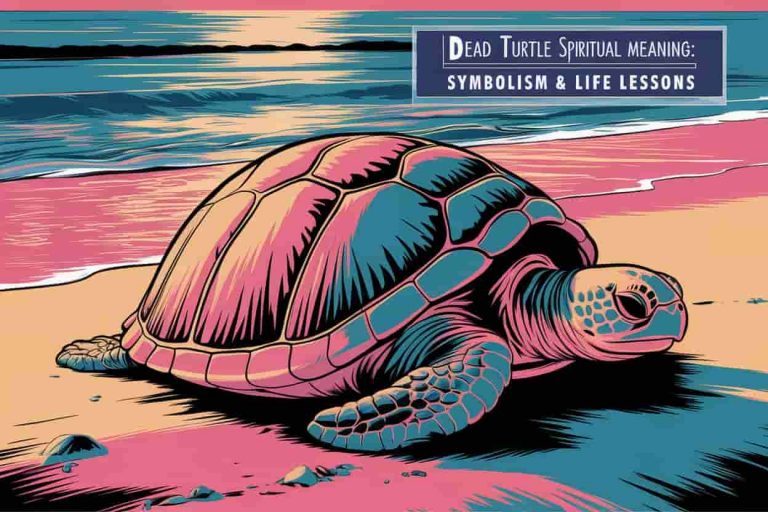A vibrant pop art style image inspired by Peter Max, featuring a serene beach scene at sunset with a turtle shell in the foreground, partially buried in the sand. Soft, warm light illuminates the shell, creating a golden glow. The ocean in the background reflects the sky's colors. Text overlay reads "Dead Turtle Spiritual Meaning: Symbolism & Life Lessons" in a clear, elegant font.
