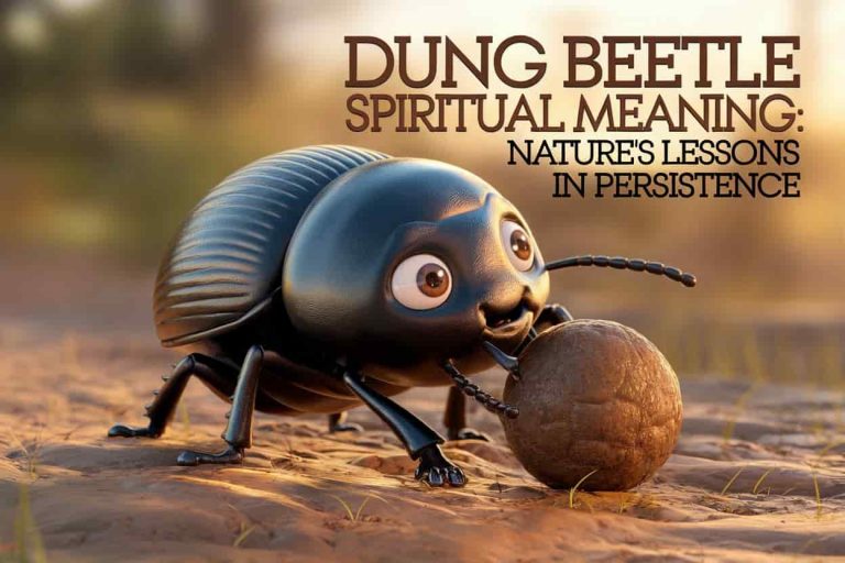 A close-up of a dung beetle pushing a dung ball, with the text "Dung Beetle Spiritual Meaning: Nature's Lessons in Persistence" overlaid, set against a blurred forest background with warm, golden lighting.