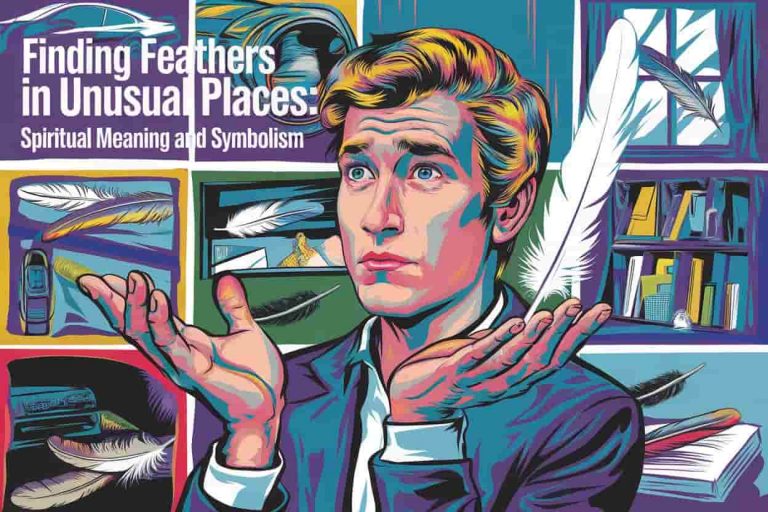 A person holding a white feather, surrounded by unexpected feather locations like a car dashboard and book, illustrating the mystery of finding feathers in unusual places.