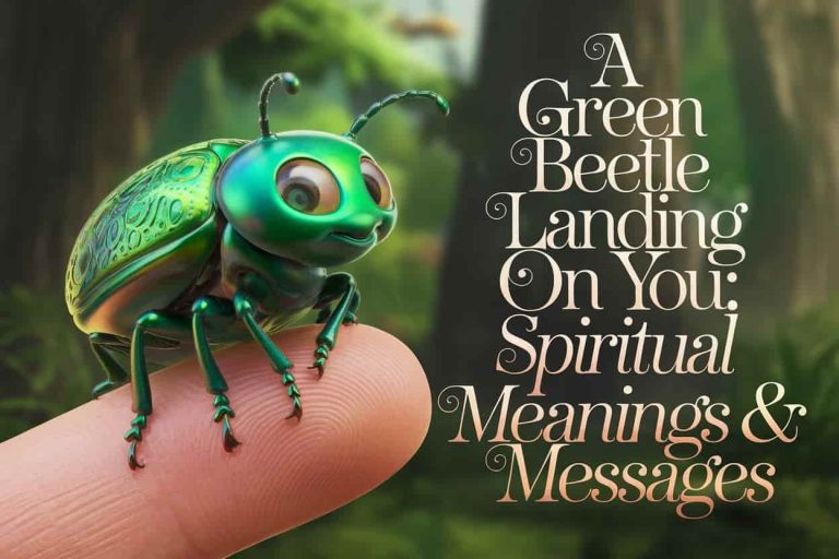 A Pixar-style cinematic 3D cartoon of a cute vibrant green beetle with intricate patterns on its shell, perched on a human finger against a backdrop of lush forest greenery. The beetle's eyes seem to glow with an otherworldly light. Overlay text in an elegant, nature-inspired font: "A Green Beetle Landing on You: Spiritual Meanings & Messages".