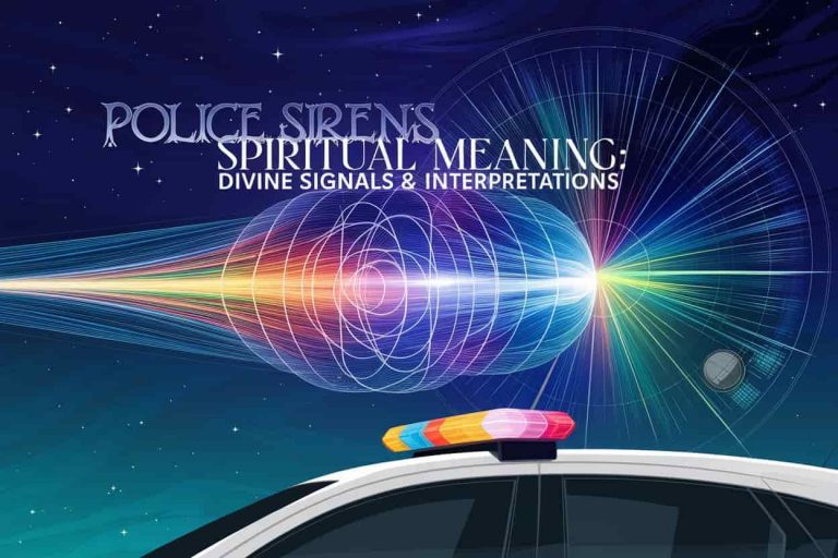 A police siren emitting ethereal light waves, symbolizing the spiritual meaning and cosmic messages of sirens against a starry night sky background.