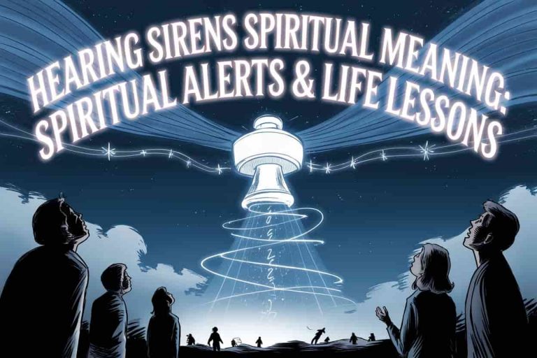 A mystical night scene with an ethereal siren in the sky emitting waves of light forming spiritual symbols, while silhouettes of people look up in wonder, with the title "Hearing Sirens Spiritual Meaning: Spiritual Alerts & Life Lessons" prominently displayed.