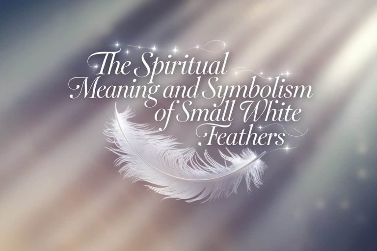 A small white feather floating in a ethereal light, symbolizing spiritual messages and divine guidance, with the title "The Spiritual Meaning and Symbolism of Small White Feathers" elegantly displayed.