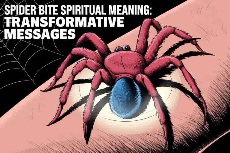 An editorial cartoon style image of a close-up spider bite on human skin. The bite has a glowing aura around it. In the background, there's a faint spider web pattern. Overlaying the image is the text "Spider Bite Spiritual Meaning: Transformative Messages".