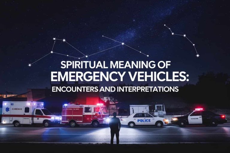 A nighttime city street scene with illuminated emergency vehicles beneath a starry sky, showcasing the spiritual meaning of emergency vehicles through celestial symbolism and human observation.