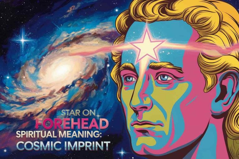 Surreal illustration of a human profile with a glowing star on the forehead against a cosmic background, titled "Star on Forehead Spiritual Meaning: Cosmic Imprint".