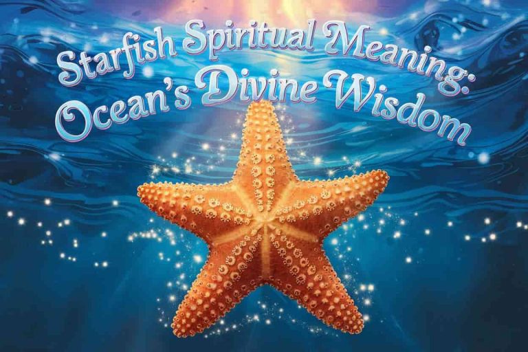 A golden starfish with intricate spiritual patterns floating in shimmering blue waters, surrounded by glowing particles, with the title "Starfish Spiritual Meaning: Ocean's Divine Wisdom" written in light above it.