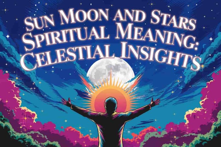 A mystical night sky featuring a full moon, radiant sun, and twinkling stars, with a silhouetted figure reaching towards the celestial bodies, illustrating the spiritual connection between humans and cosmic elements.
