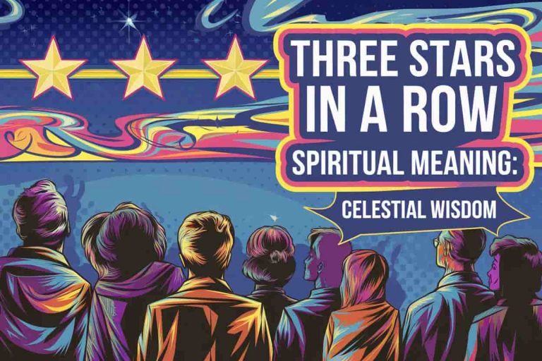 Vibrant pop art illustration of three aligned stars in a night sky, with colorful energy patterns and silhouettes of people looking up, titled 'Three Stars in a Row Spiritual Meaning: Celestial Wisdom'