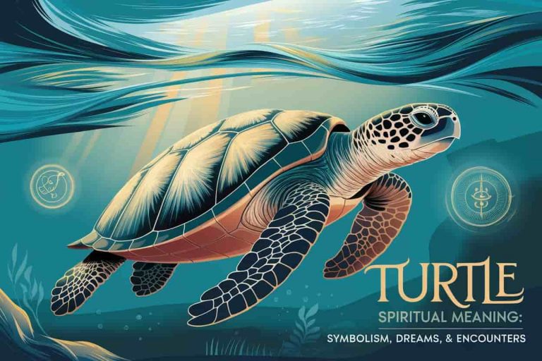 A wise sea turtle with mystical shell patterns swimming in ethereal, turquoise waters, symbolizing turtle spiritual meanings and ancient wisdom.