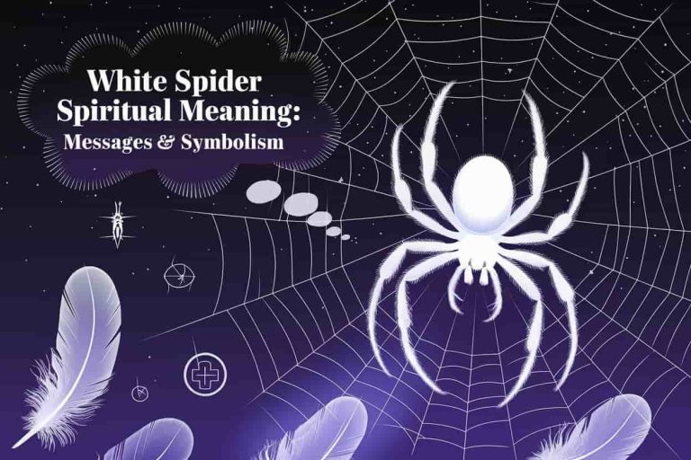 A newspaper editorial cartoon style image of a luminous white spider on a delicate, intricate web against a starry night sky background. The web shimmers with ethereal light, suggesting spiritual energy. In the foreground, there are transparent, ghostly white feathers and spiritual symbols floating around the spider. There is a thought bubble with the text "White Spider Spiritual Meaning: Messages & Symbolism" in an elegant, mystical font.
