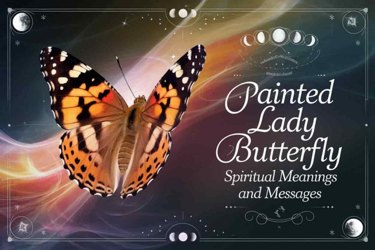 A detailed digital illustration of a Painted Lady butterfly in flight, surrounded by swirling colors and transformation symbols, with the article title, Painted Lady Butterfly Spiritual Meanings and Messages, prominently displayed.