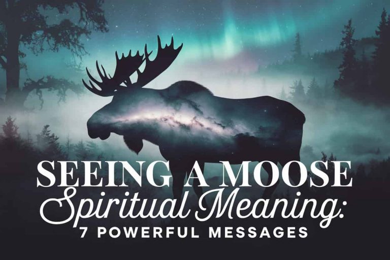 A digital 3D artwork depicting a majestic moose silhouette filled with a cosmic nebula, standing in a misty, mystical forest under a starry night sky with an aurora. The text overlay reads 'Seeing a Moose Spiritual Meaning: 7 Powerful Messages,' symbolizing the profound spiritual connection and wisdom associated with moose encounters in nature. The image conveys mystery, strength, and a deep connection to the cosmos and the natural world.