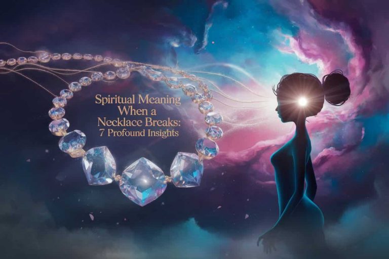 A captivating and conceptual artwork featuring a woman's silhouette with a radiant, glowing heart, facing a cosmic, star-filled nebula, with a surreal, broken gemstone necklace floating in the foreground. The words "Spiritual Meaning When a Necklace Breaks: 7 Profound Insights" are artistically integrated into the nebula, symbolizing transformation and the deeper significance of a broken necklace.