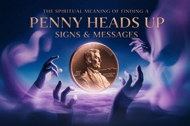 A mystical 3D image of a glowing penny floating in a starry sky, surrounded by ethereal mists and ghostly hands reaching towards it, illustrating the spiritual significance of finding heads-up pennies.