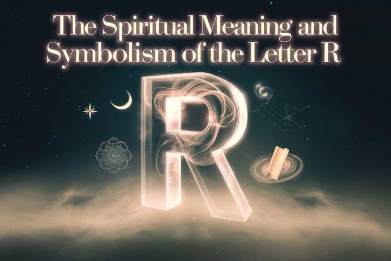 A glowing 3D letter R floating in a cosmic starry background, surrounded by spiritual symbols and ethereal mist, with the article title, The Spiritual Meaning and Symbolism of the Letter R, prominently displayed.