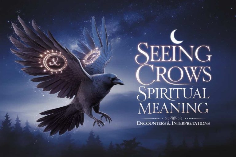 A mystical 3D render of a crow in flight against a starry night sky, with glowing spiritual symbols in its feathers and the title "Seeing Crows Spiritual Meaning: Encounters & Interpretations" formed from stardust.