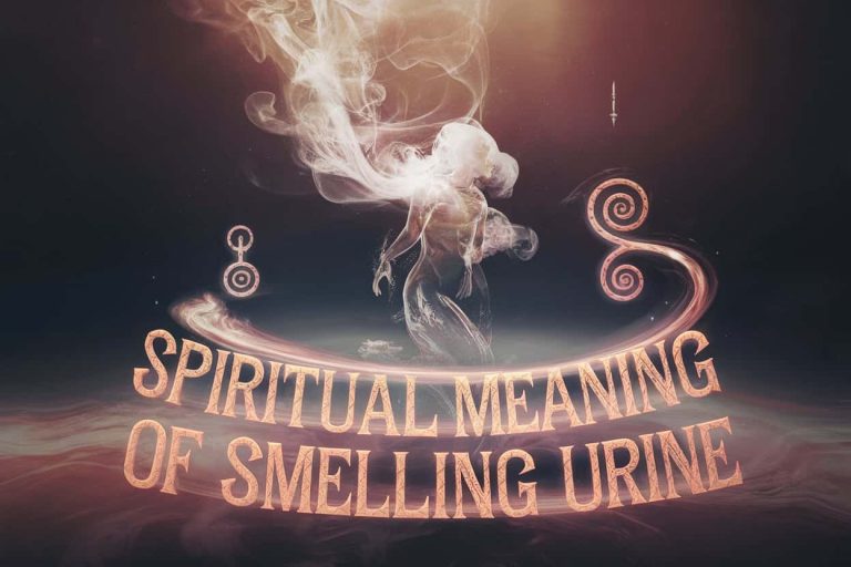 3D artwork depicting swirling vapor with a urine scent forming spiritual symbols and a translucent figure, with the title "Spiritual Meaning of Smelling Urine"