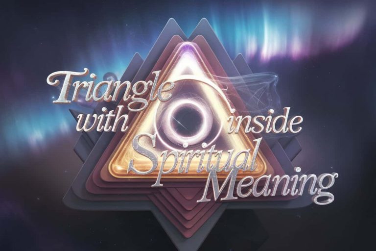 Digital 3D artwork of a glowing golden triangle with an ethereal circle inside, surrounded by the text "The Spiritual Meaning: Triangle With Circle Inside". The backdrop is a mystical, swirling nebula with blues, purples, twinkling stars, and a subtle aurora, representing the cosmic significance of this ancient symbol.