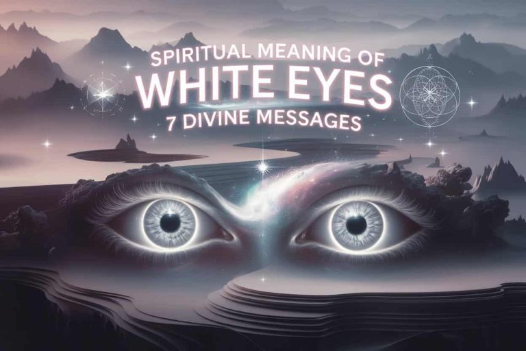 Ethereal 3D landscape with misty mountains, featuring realistic luminous white eyes emerging from a cosmic nebula, surrounded by spiritual symbols and the article title, "Spiritual Meaning of White Eyes: 7 Divine Messages."