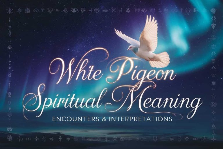 A glowing white pigeon flies through a starry night sky with aurora borealis, surrounded by faint spiritual symbols and the article title, "White Pigeon Spiritual Meaning: Encounters & Interpretations" in stardust script.