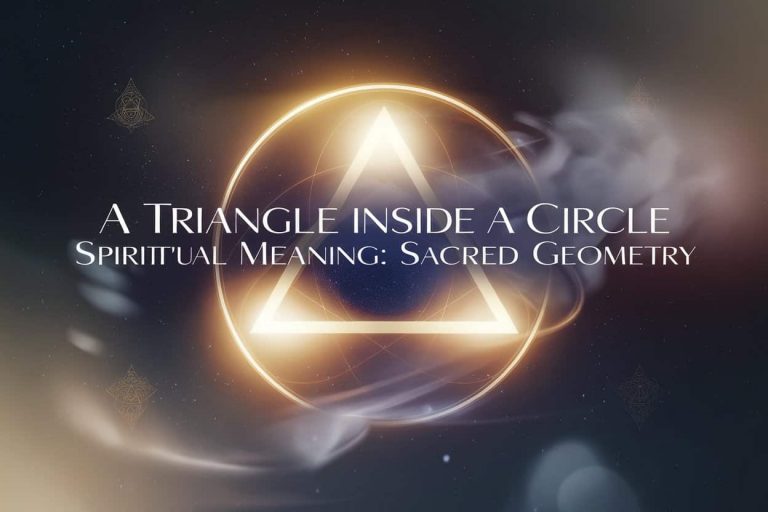 A glowing golden triangle inside a circle floats in a starry cosmic background with swirling mists and aurora effects, surrounded by intricate spiritual symbols and the article title, A Triangle Inside a Circle Spiritual Meaning: Sacred Geometry.