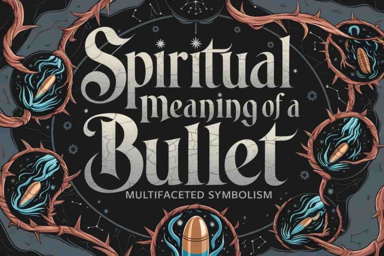 This dark fantasy illustration with vintage charm features the title "Spiritual Meaning of a Bullet" in sinister, ancient-text typography, with a subtly glowing subtitle "Multifaceted Symbolism". The design uses thick, cracked stone-like letters, adorned with thorny vines and smoke in deep jewel tones, creating dynamic, chaotic yet controlled curved lines. Interconnected circles with vignettes depict bullet meanings against a backdrop of faded constellations and alchemical symbols, emphasizing mystery and occult themes.