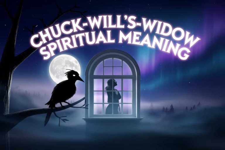 A Pixar-style cinematic 3D cartoon of a captivating night scene with a black silhouette of a Chuck-will's-widow perched on a tree branch outside a window. Inside the window, a woman is standing with her head tilted. The background contains a large, glowing full moon, a starry sky with a subtle purple and blue aurora borealis effect, and faint mist and fog swirling outside. The text "Chuck-will's-widow Spiritual Meaning" is displayed in a bold, stylized font that glows with a soft, white light across the top center of the image.