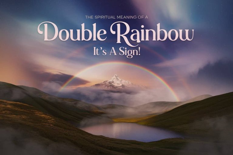 A 3D panoramic landscape depicts a vibrant double rainbow over a misty valley, reflecting in a shimmering lake below rolling green hills. The primary and secondary rainbows show their correct, reversed color orders, separated by the darker Alexander's band, with a majestic, snow-capped mountain range in the background. The sky blends deep blues, purples, and oranges, with hints of stars. The text "The Spiritual Meaning of a Double Rainbow: It's a Sign!" is overlaid in whimsical, colorful, handwritten-style, accented by watercolor splashes. Stylized clouds, stars, and photorealistic feathers frame the scene, symbolizing the hopeful, spiritual significance of a double rainbow.