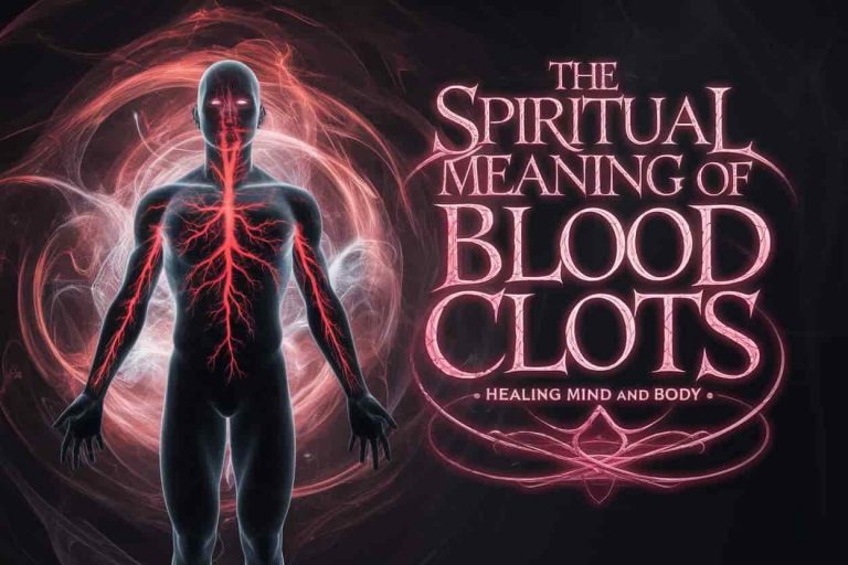 A 3D rendered image showing a human silhouette with glowing red veins against a swirling, ethereal background, representing the spiritual meaning of blood clots.