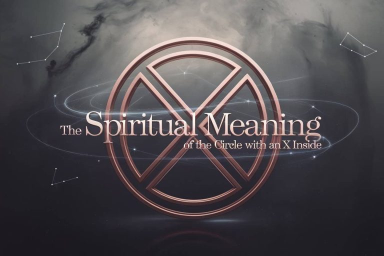 A mesmerizing 3D artwork displays a multi-layered circle with an x inside symbol at the center, set against a swirling, misty nebula backdrop in deep blues and purples. The article title, "The Spiritual Meaning of the Circle with an X Inside Symbol," is elegantly written in glowing, ethereal letters that appear to float within the mist. Faint constellations and subtle lines of energy radiate from the central symbol, creating a mysterious and profoundly spiritual atmosphere.