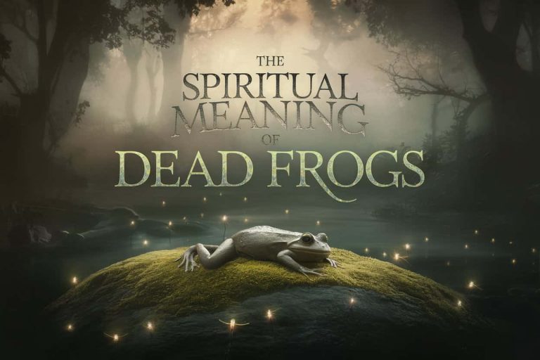 The title "The Spiritual Meaning of Dead Frogs" is displayed prominently in a mystical, slightly glowing font against a backdrop of a misty, ancient forest. A single dead frog lies peacefully on a moss-covered rock, surrounded by softly glowing fireflies. A subtle, ethereal light filters through the dense trees, casting long shadows and creating an atmosphere of mystery and quiet wonder. The overall mood is serene and contemplative, evoking a sense of nature's hidden messages and deep spiritual significance. The image aims to capture the essence of transformation and the secrets held within the natural world.