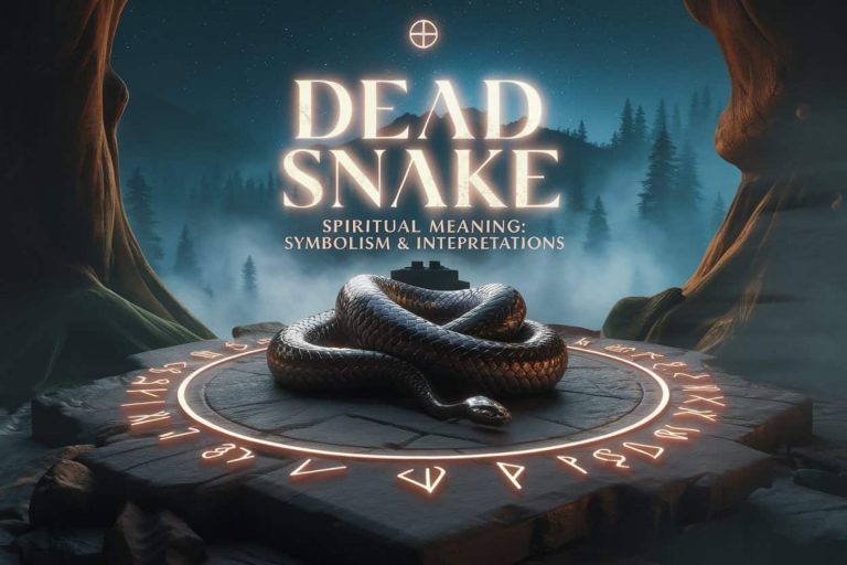 A 3D artwork depicting a dead snake on an altar with glowing runes, set against a misty forest and starry sky, with the title "Dead Snake Spiritual Meaning: Symbolism & Interpretations