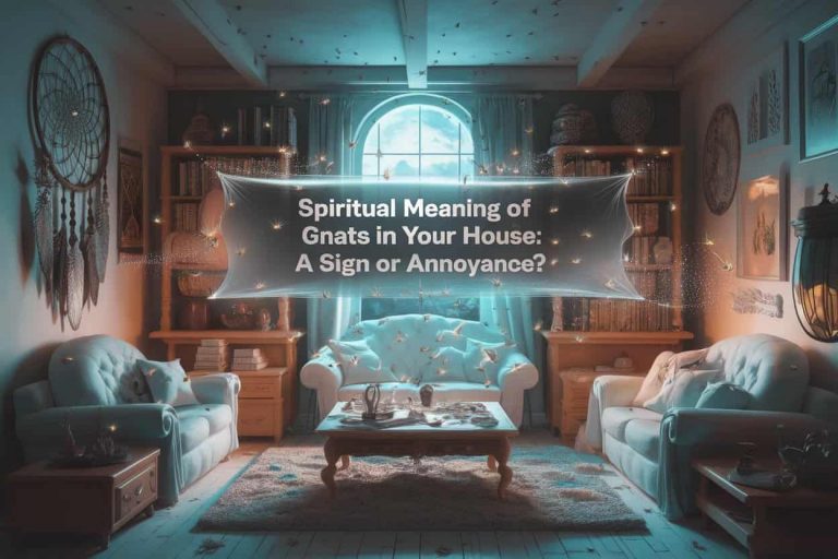 Captivating 3D artwork displaying "Spiritual Meaning of Gnats in Your House: A Sign or Annoyance?" on a banner in a moonlit living room with glowing gnats, dreamcatchers, and folklore books, illustrating hidden home spirituality.
