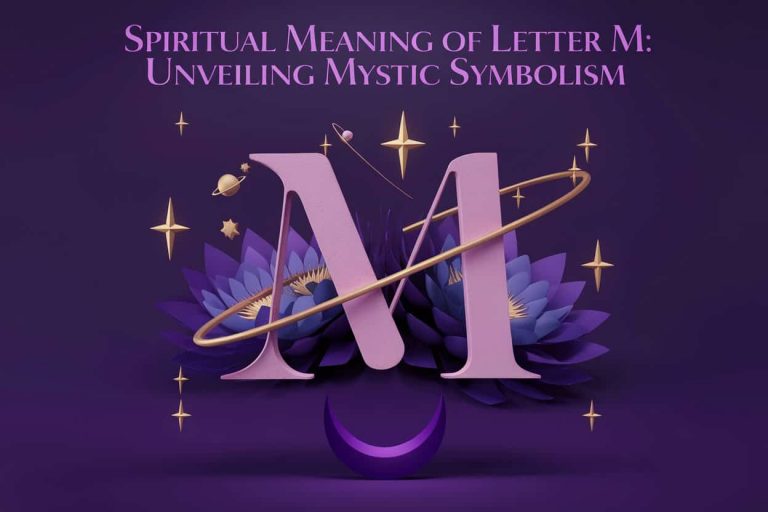 3D conceptual artwork of letter M with mystical elements, showcasing divine feminine energy, cosmic connections, and transformation, with the title "Spiritual Meaning of Letter M: Unveiling Mystic Symbolism" prominently displayed.