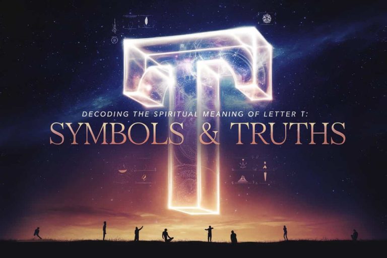 A multi-layered 3D letter T representing various spiritual meanings, surrounded by a misty aura and symbolic elements of bridges and cosmic patterns.