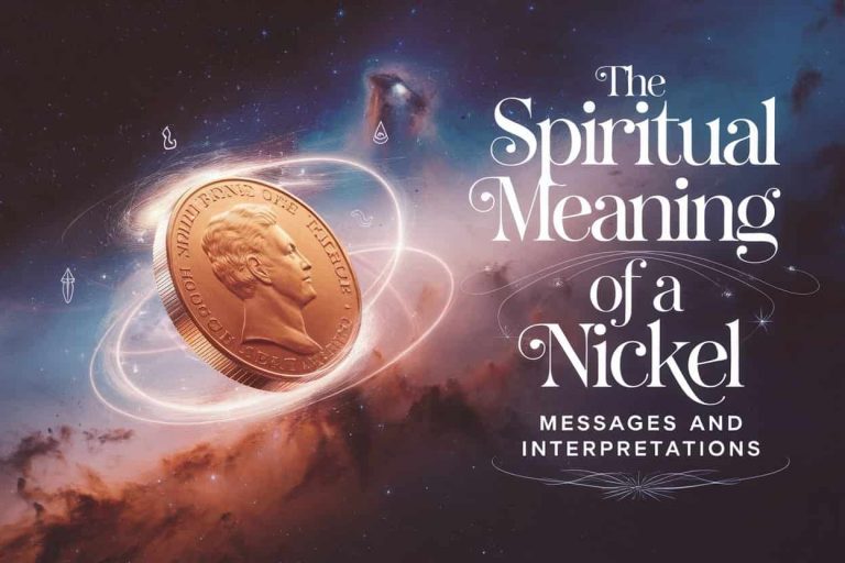 A 3D artwork of a glowing nickel floating in mid-air, emitting a soft, ethereal light. Wisps of energy swirl around the coin, and subtle symbols of change, abundance, and divine communication surround it. In the background, there is a cosmic scene filled with stars and nebulae. The title "The Spiritual Meaning of a Nickel: Messages and Interpretations" is displayed in an elegant, flowing font that enhances the mystical atmosphere of the image.