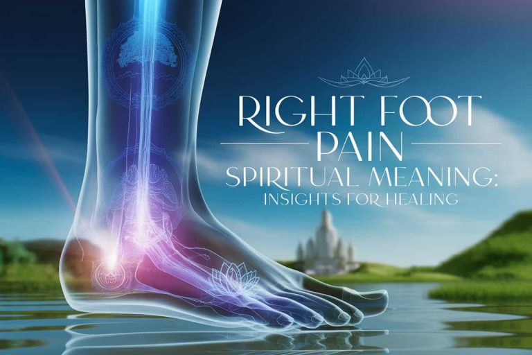 A 3D rendered transparent right foot with glowing energy pathways and spiritual symbols, illuminated by a beam of light, showcasing the spiritual meaning of right foot pain.