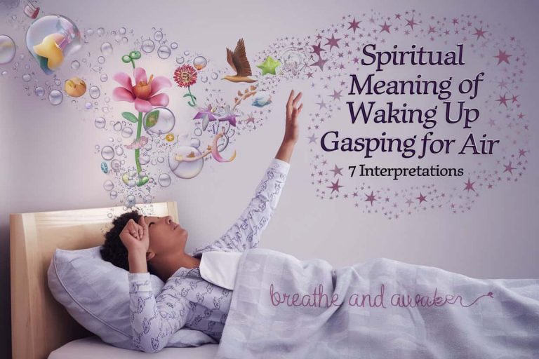 A conceptual 3D artwork of a person waking up in bed, reaching upwards yearningly. Air bubbles rise from their chest, transforming into symbols of spiritual growth like a flower, bird, and star. The title "Spiritual Meaning of Waking Up Gasping for Air: 7 Interpretations" is displayed in a cloud of stars above the person's head. The phrase "Breathe and Awaken" is subtly integrated into the image as a pattern on the person's pajamas.