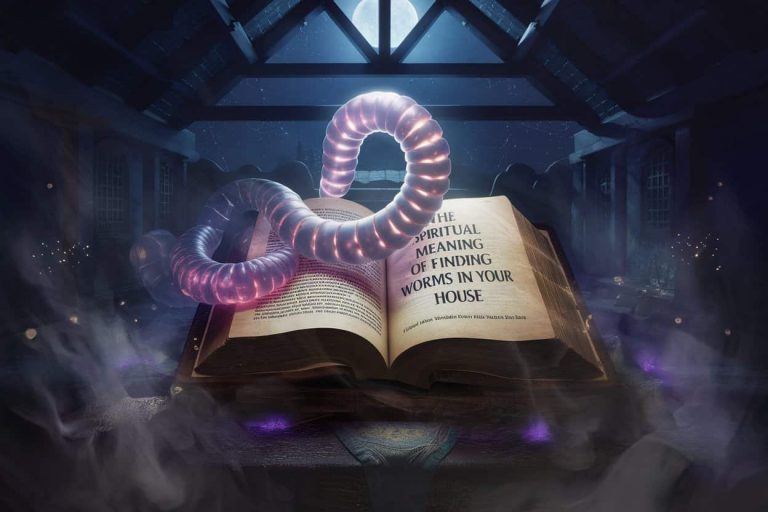 A dark fantasy 3D image shows a glowing earthworm coiled around an open mystical book in a shadowy house interior, with the title "The Spiritual Meaning of Finding Worms in Your House" displayed on the book, symbolizing hidden spiritual insights.