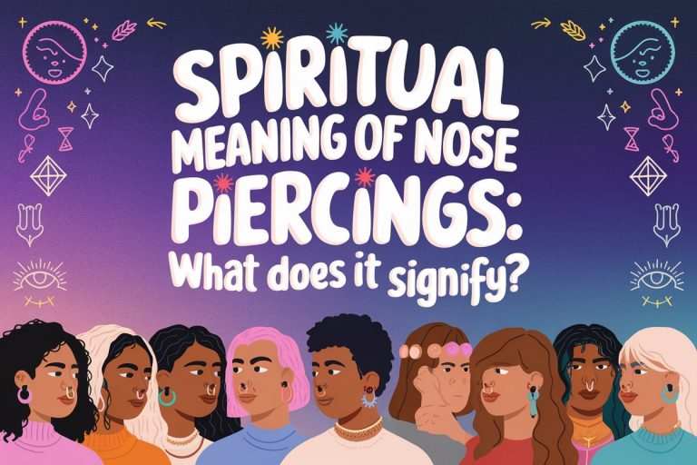 An illustration of the text "Spiritual Meaning of Nose Piercings: What Does it Signify?" written in playful, thick, handwritten typography with colorful outlines. The text is placed at the top portion of the image, occupying less than half of the image. Below the text, there is a group of people with nose piercings wearing simple nose rings and a variety of culturally diverse nose jewelry. There are also ethereal symbols of femininity, rebellion, and protection arranged around the edges of the image. The background is a gradient of purple to blue.