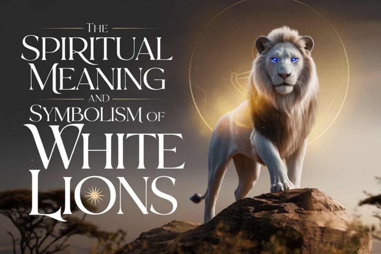 A majestic white lion with piercing blue eyes stands atop a rocky outcrop, surrounded by a mystical golden aura symbolizing its spiritual significance.